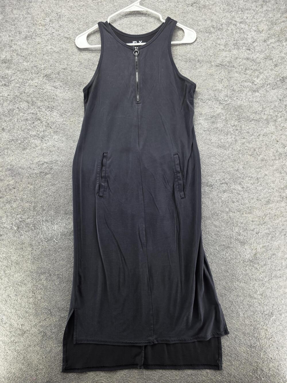 FLX Dress Womens S Black Maxi Tank Dress Jersey Modal Polyester Pockets Zip